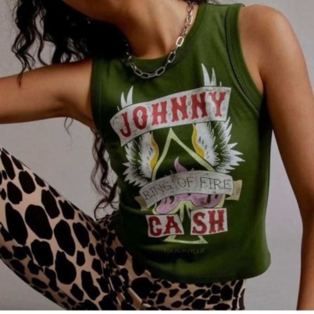 DAYDREAMER Johnny Cash Ring of Fire Shrunken Tank Garden Green XS